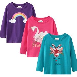 Girls LS Shirts Tops  Cotton Casual Stripe Crewneck  Tunic T-Shirts 3 Packs Sets